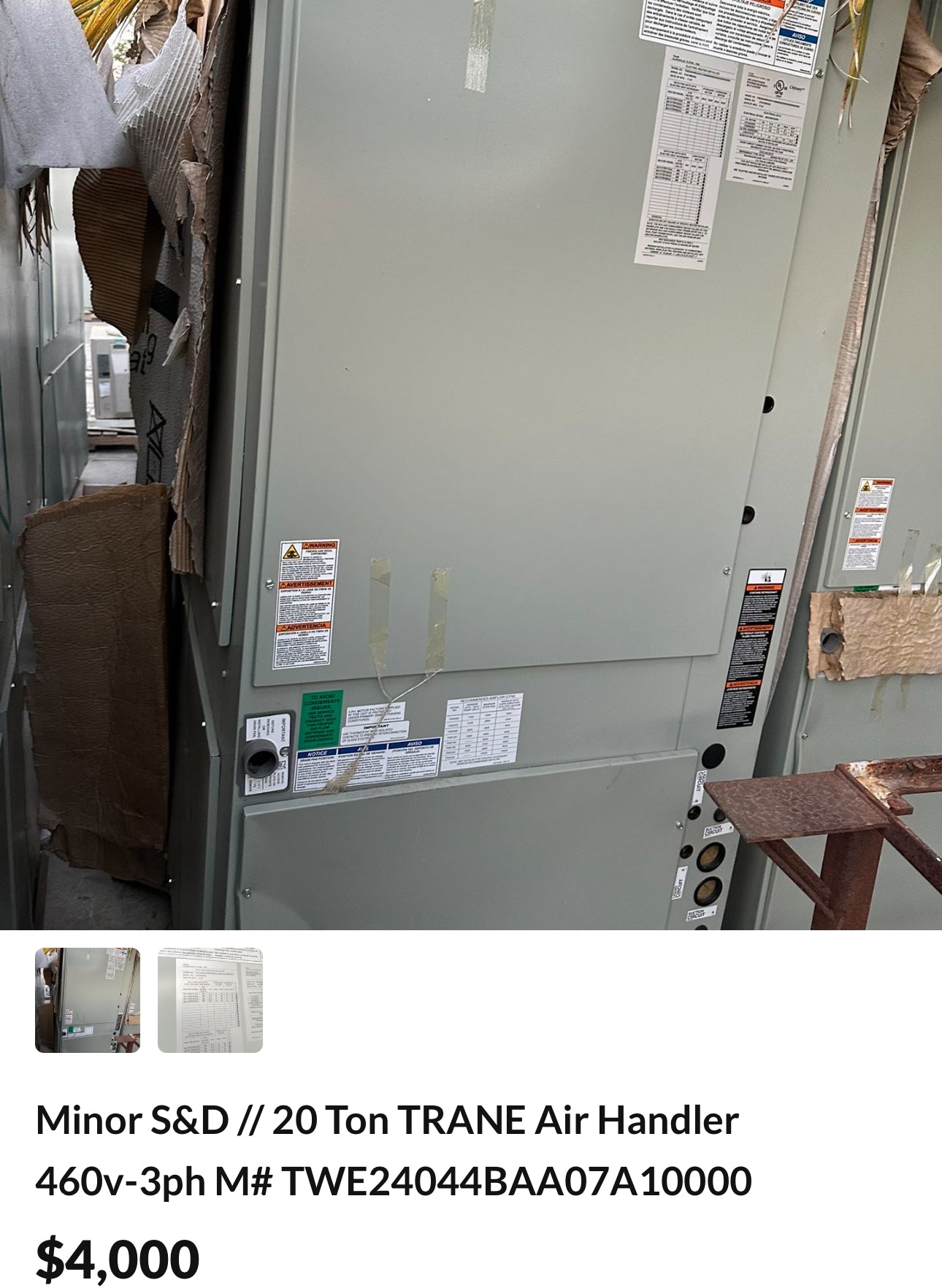 Minor S&D 20 Ton TRANE Air Handler 460v-3ph M# TWE24044BAA07A10000