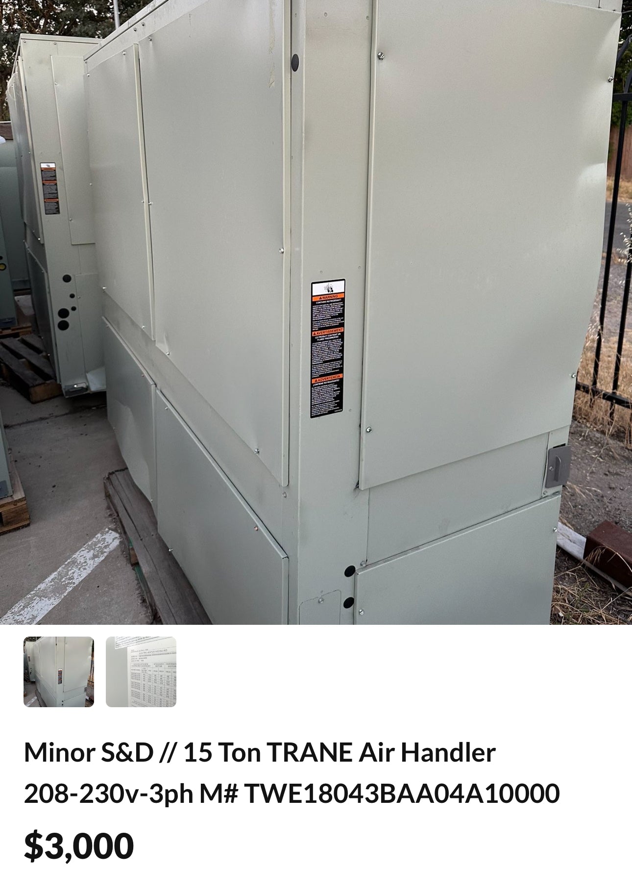 Minor S&D 15 Ton TRANE Air Handler 208-230v-3ph M# TWE18043BAA04A10000