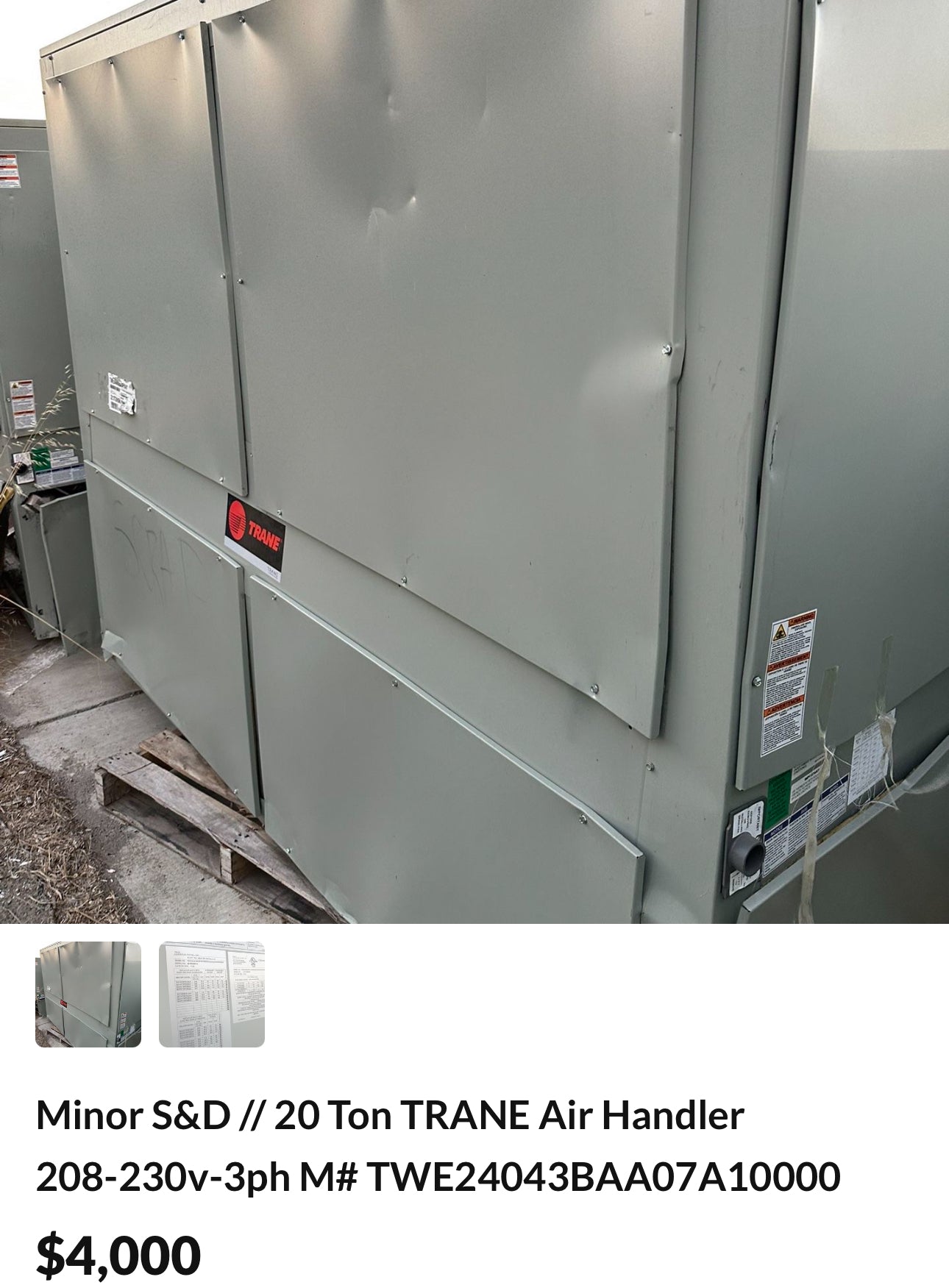 Minor S&D 20 Ton TRANE Air Handler 208-230v-3ph M# TWE24043BAA07A1P0000