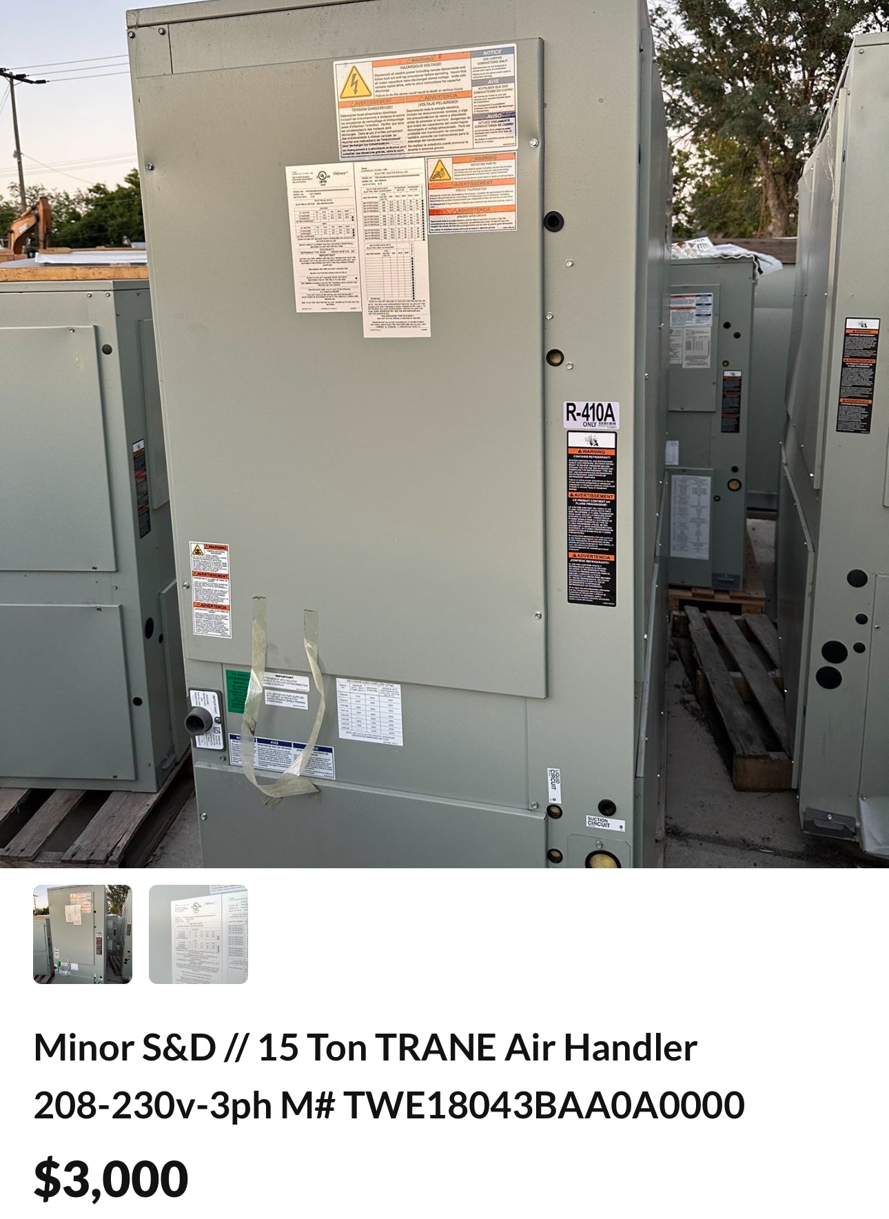 Minor S&D 15 Ton TRANE Air Handler 208-230v-3ph M# TWE18043BAA0A0000