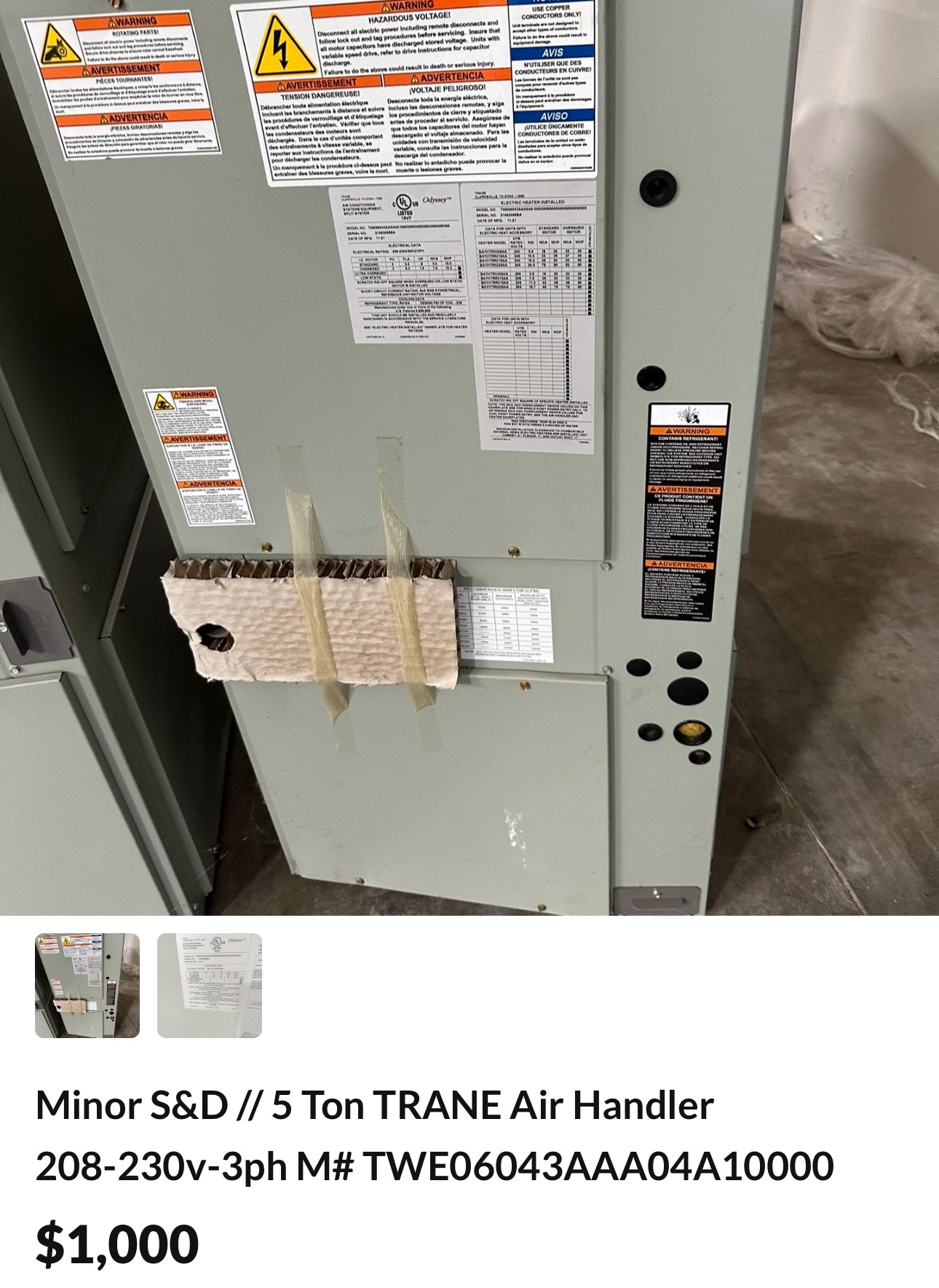 Minor S&D 5 Ton TRANE Air Handler 208-230v-3ph M# TWE06043AAA04A10000