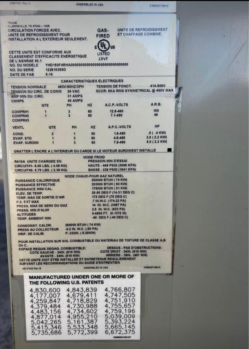 12.5 Tons TRANE Rooftop Package Unit Gas/Electric 460v-3ph